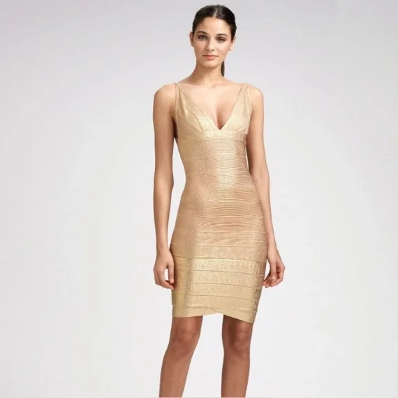 Herve Leger Champagne Gold Foil Knit Dress - Picture 1 of 13